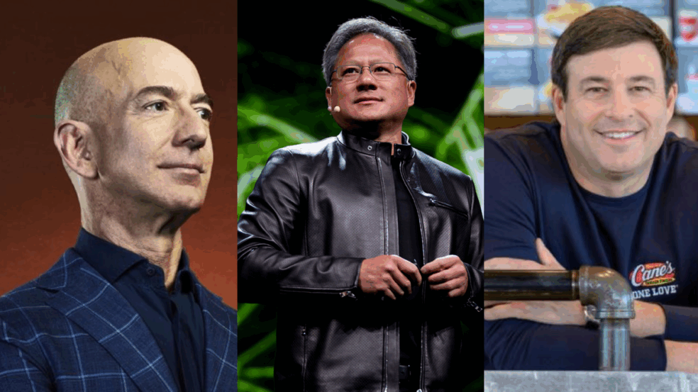 Foto: Da esquerda para direita: Jeff Bezos, CEO e fundador da Amazon; Jensen Huang, CEO e fundador da Nvidia; e Todd Graves, fundador da rede de fast-food Raising Cane